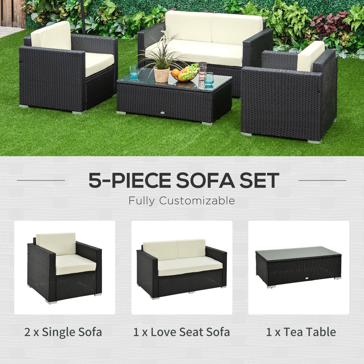 Outsunny 4-Seater Rattan Sofa Set Garden Rattan Furniture Wicker Steel Chair Seat Furniture, Black