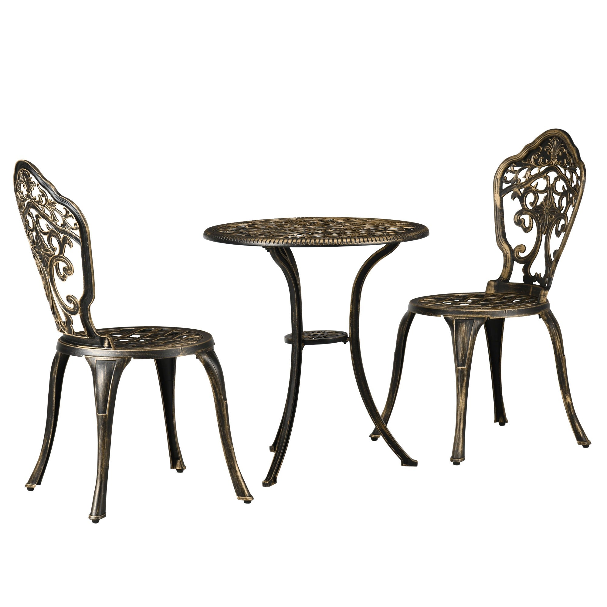 Outsunny 3 Piece Cast Aluminium Garden Bistro Set for 2 with Parasol Hole, Outdoor Coffee Table Set, Two Armless Chairs and Round Coffee Table for Balcony, Patio, Bronze