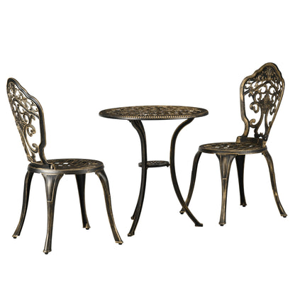 Outsunny 3 Piece Cast Aluminium Garden Bistro Set for 2 with Parasol Hole, Outdoor Coffee Table Set, Two Armless Chairs and Round Coffee Table for Balcony, Patio, Bronze