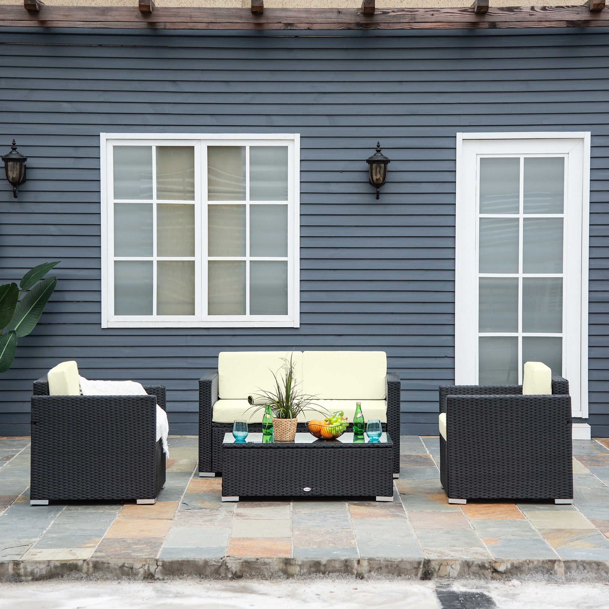 Outsunny 4-Seater Rattan Sofa Set Garden Rattan Furniture Wicker Steel Chair Seat Furniture, Black
