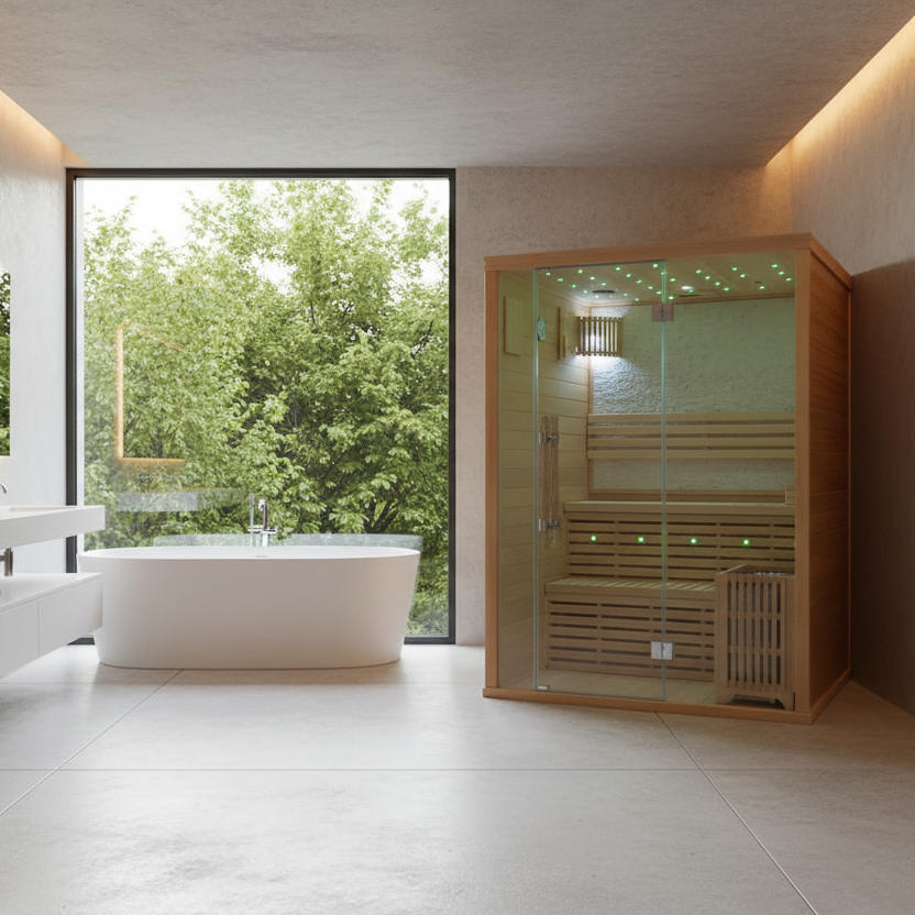 Modern bathroom with a freestanding bathtub, vanity, and sauna.