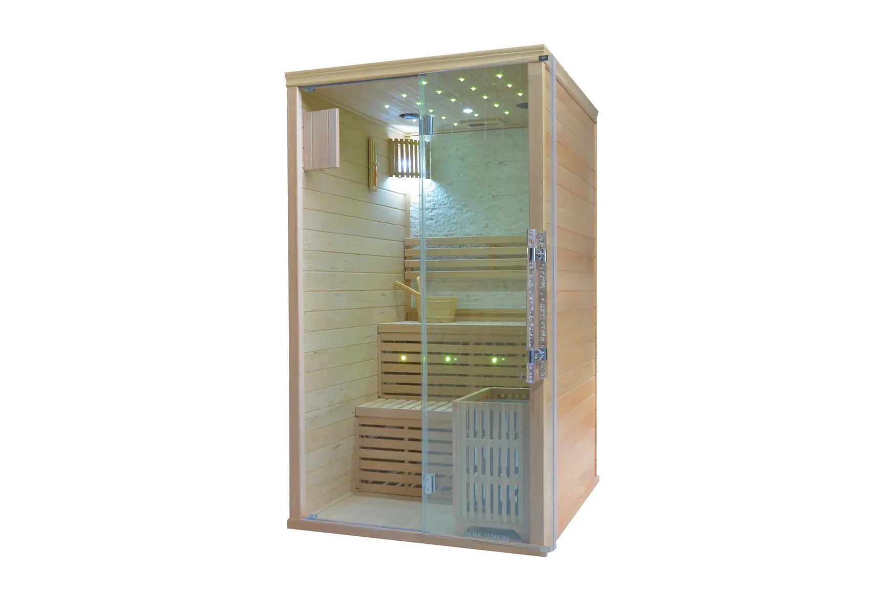 Infrared sauna with wooden interior and glass door on a white background