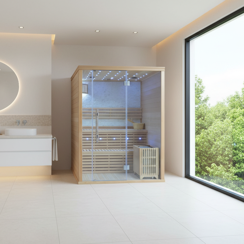 Modern bathroom with a vanity, round mirror, and sauna.
