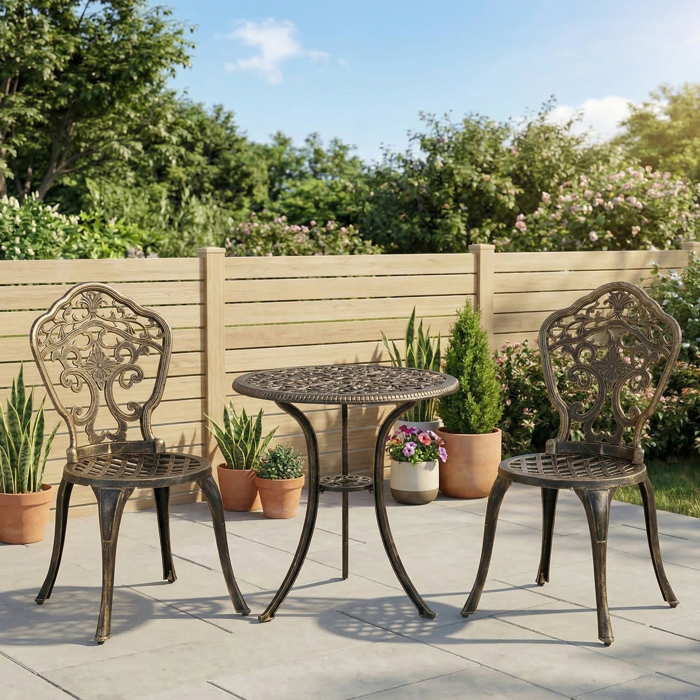 Outsunny 3 Piece Cast Aluminium Garden Bistro Set for 2 with Parasol Hole, Outdoor Coffee Table Set, Two Armless Chairs and Round Coffee Table for Balcony, Patio, Bronze