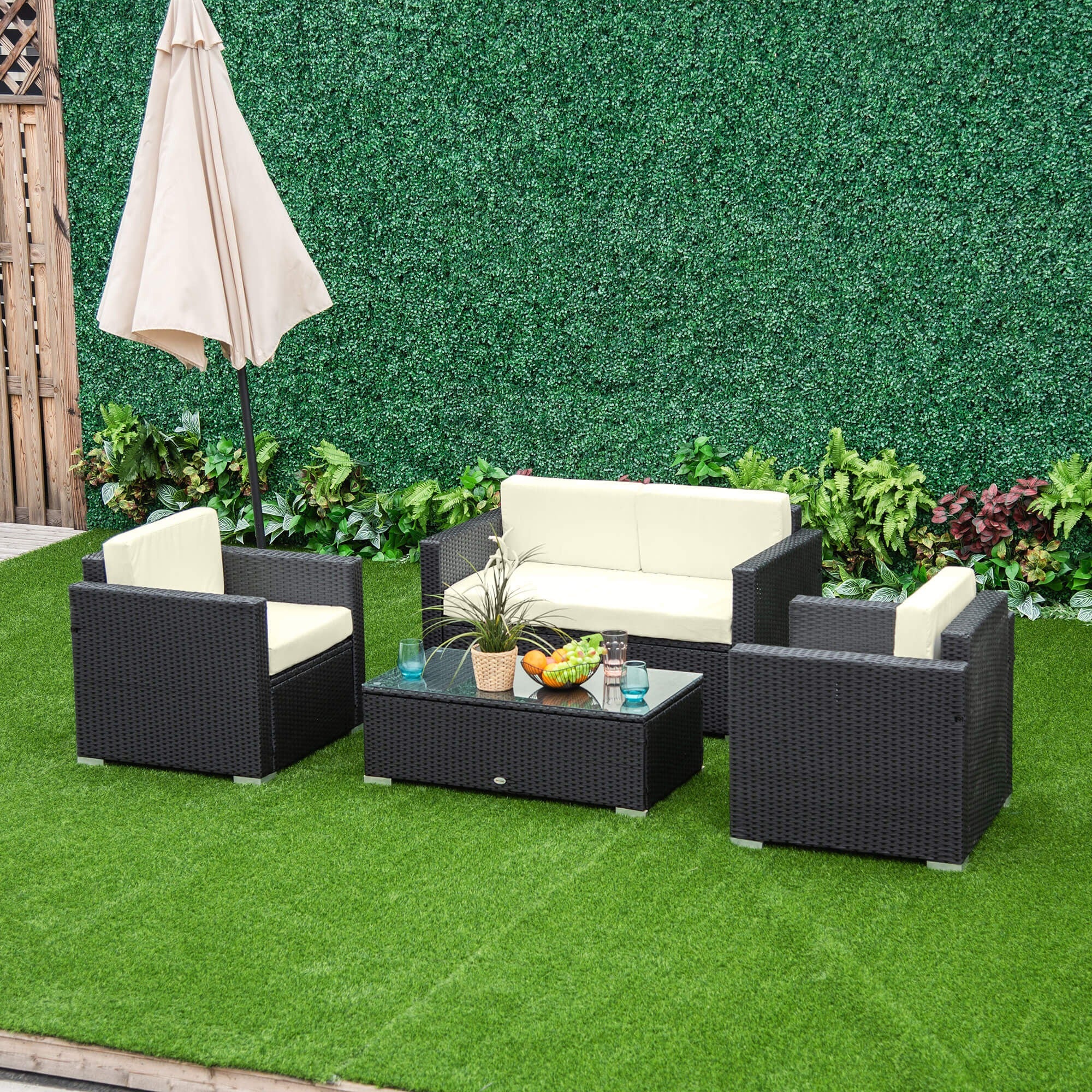Outsunny 4-Seater Rattan Sofa Set Garden Rattan Furniture Wicker Steel Chair Seat Furniture, Black