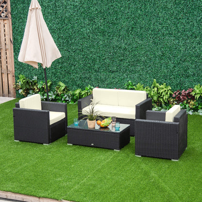 Outsunny 4-Seater Rattan Sofa Set Garden Rattan Furniture Wicker Steel Chair Seat Furniture, Black