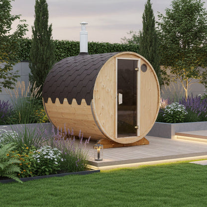 A compact, cylindrical Baltresto Barrel Sauna made of wood, featuring a brown glass door and roof made of bitumen shingles, set on a wooden platform outdoors.
