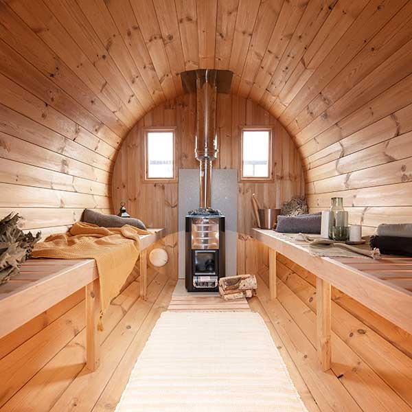 Outdoor 4 Person Barrel Sauna With Changing Room And Outside Seating