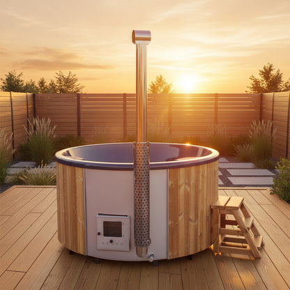 A round, wood-fired hot tub with blue fiberglass interior and a thermowood exterior, featuring an integrated stainless steel stove, situated on a wooden deck with surrounding greenery.