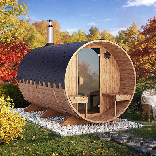 Outdoor Barrel Sauna 3.6m with Outside Seating for 6 People | Wood Fired or Electric Garden Sauna