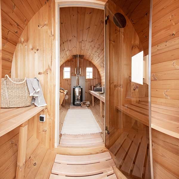 Outdoor 4 Person Barrel Sauna With Changing Room And Outside Seating