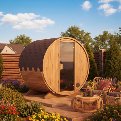 A compact outdoor barrel sauna for 2-3 persons, placed on a wooden platform with outdoor furniture around. The sauna has a brown wooden exterior, a tempered glass door, and a bitumen shingle roof.