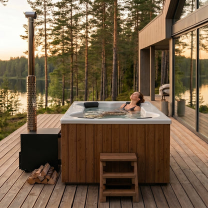 Compact Quattro S Wood-Fired Hot Tub 3-4 Person | Customisable Compact Fibreglass Square Spa
