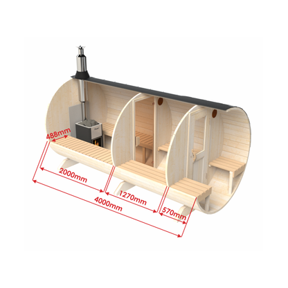 Outdoor 4 Person Barrel Sauna With Changing Room And Outside Seating