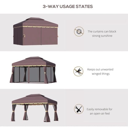 Outsunny 3 x 4m Aluminium Garden Gazebo, Marquee Canopy Shelter Pavilion Party Tent with Nets and Curtains for Garden and Deck, Coffee, Black, Grey