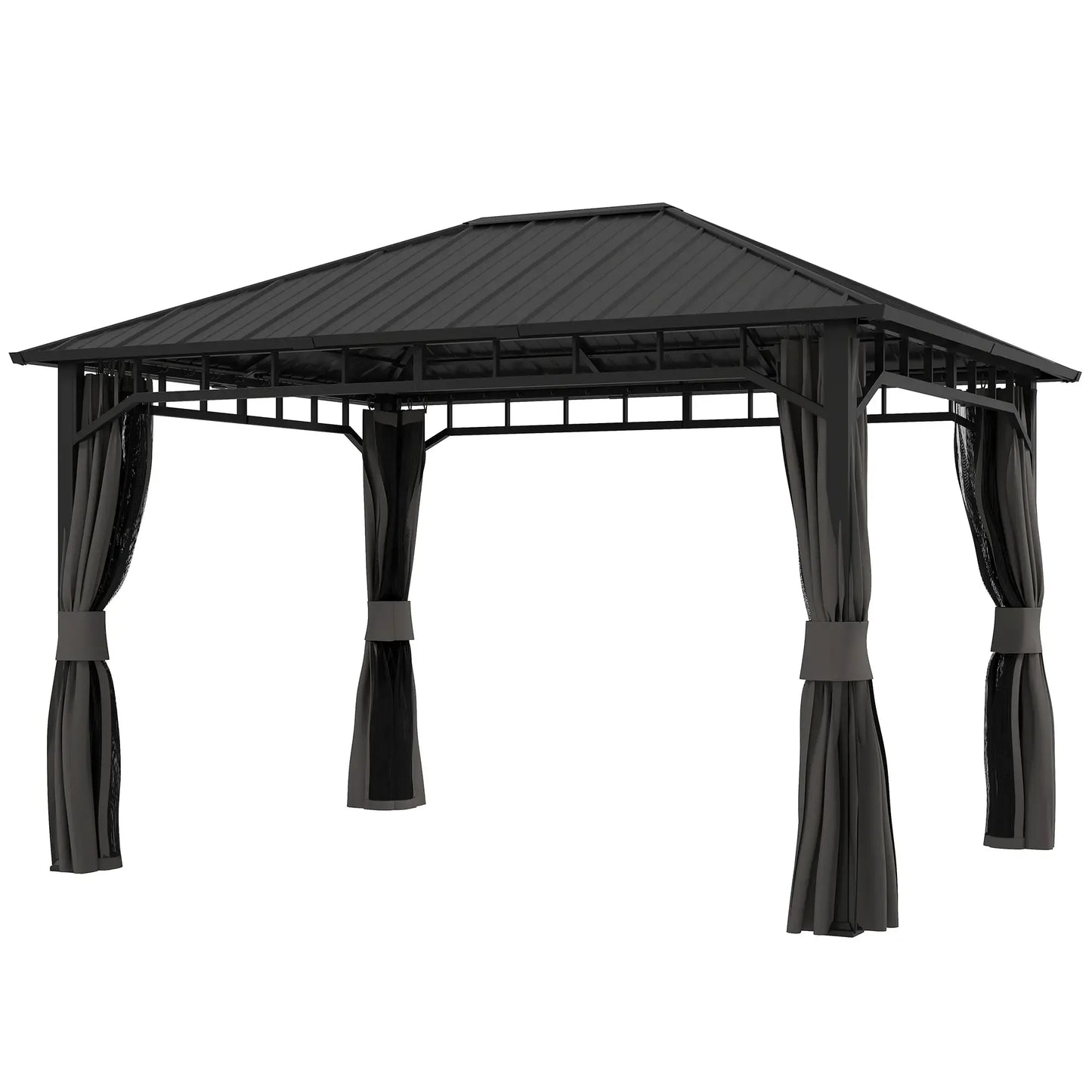 Outsunny 3 x 4m Hardtop Gazebo with Galvanised Steel Roof and Water Gutter, Waterproof Permanent Pavilion Garden Gazebo with Netting and Curtains for Patio, Deck