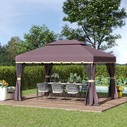 Outsunny 3 x 4m Aluminium Garden Gazebo, Marquee Canopy Shelter Pavilion Party Tent with Nets and Curtains for Garden and Deck, Coffee, Black, Grey